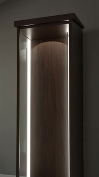 Wooden display cabinet with built-in vertical LED strip lights standing empty in a modern room