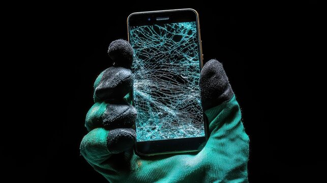 Extreme close-up of a hand with green and black protective work glove holding a modern smartphone with the broken touch screen, isolated on black background with copy space.