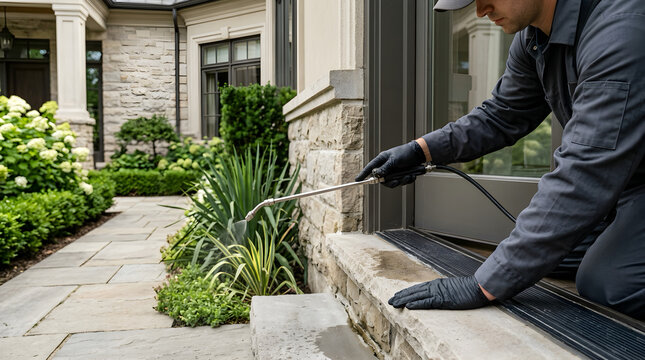 Pest control technician spraying exterior building foundation for insect prevention with exterminator professional spraying insecticide foundation building maintenance chemicals