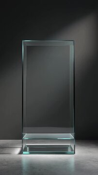 Glass cabinet standing on a concrete floor under a dramatic diagonal spotlight beam