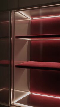 Velvet shelves in a luxury display case illuminated by warm integrated LED lights
