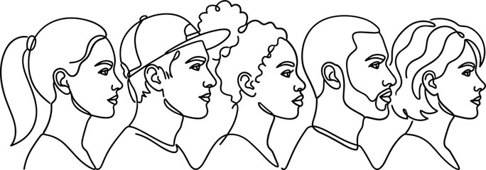 Fototapeta premium Diverse group of people in profile continuous line art illustration.