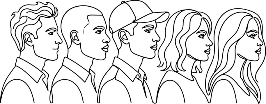 Diverse group of young people side profile line art illustration.