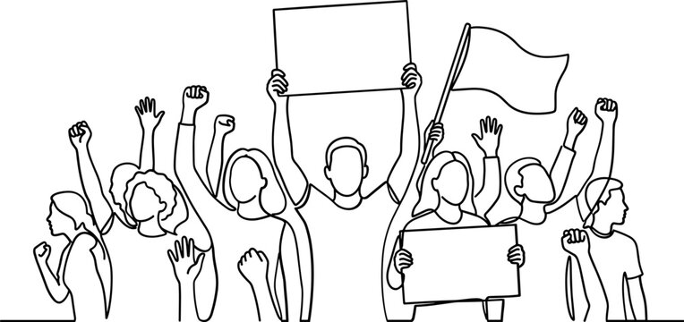 Continuous line art illustration of a diverse crowd protesting with blank signs and a flag.