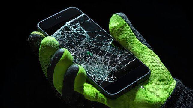 Extreme close-up of a hand with green and black protective work glove holding a modern smartphone with the broken touch screen, isolated on black background with copy space.