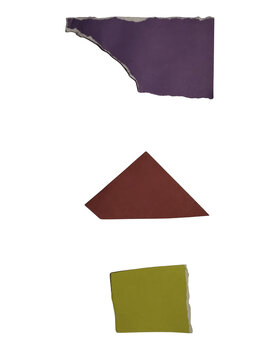 Three colorful paper shapes with torn edges including a purple triangle and a yellow square piece isolated on transparent background