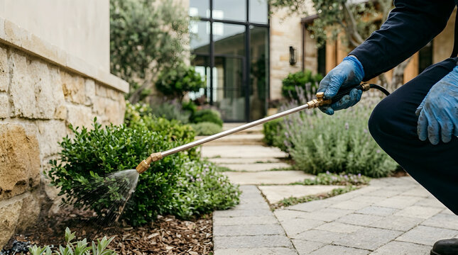 Professional pest control technician applying insecticide spray to residential garden plants and landscaping with gardening exterminator gardener insecticide pesticide spraying