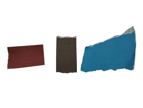 Three different colored torn paper scrap pieces with rough edges in red brown and blue textures isolated on transparent background
