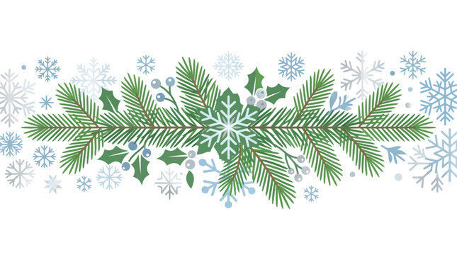 Flat vector illustration of a Christmas winter garland border featuring green pine branches, holly leaves, blue berries, and various blue and white snowflakes on a white background.