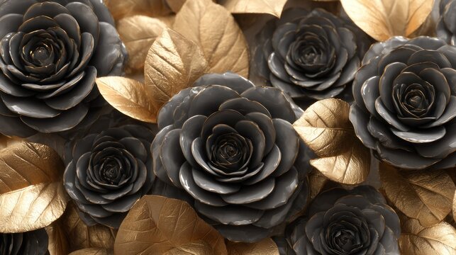 Dense arrangement of dark gray floral shapes interspersed with metallic gold foliage creates a rich background texture