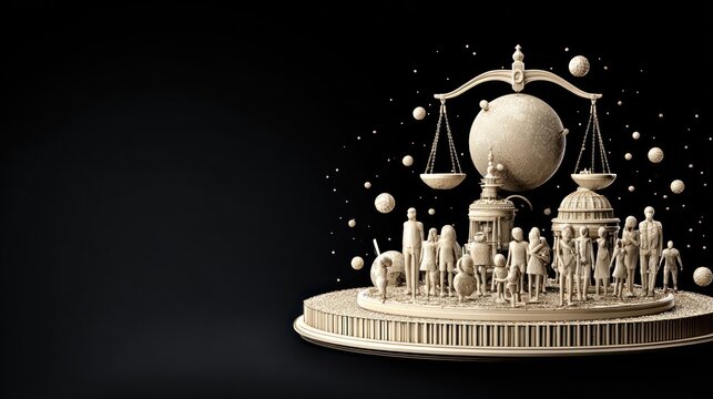 Sculpted representation of societal balance and collective figures rests upon a detailed circular base against a dark expanse.