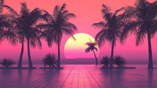 Retro sunset palm tree silhouette tropical landscape pink sky vibrant neon colors reflective tiled floor serene ocean view relaxing summer vibe dreamy atmosphere