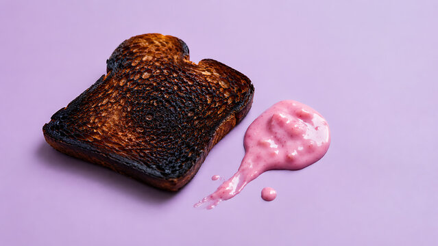 Burnt toast slice or burened brade served with pink creamy sauce on light purple background breakfast bureaued culinary minimalist delicious textured gastronomy nutrition