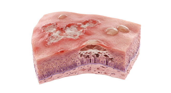 Highly Detailed 3D Render of Pemphigus Vulgaris Oral Lesion Cross-Section, Suitable for Science Education, Isolated on White Background