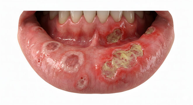 Hyper-Realistic 3D Render of Oral Erythema Multiforme Lesions, Suitable for Science Education, Isolated on a White Background