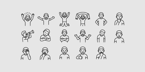 Obraz premium Icon set collection of soccer fan emotional expressions, including celebrations, joy, frustration, anger, and reactions for sports communication designs.