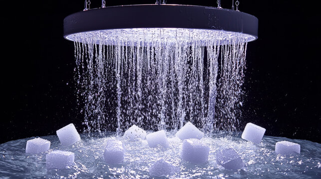 Circular shower head water streams splashing ice cubes reflective surface modern clean refreshing cool illuminated dramatic lighting black background concept