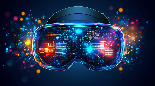 Futuristic headset display digital interface glowing light virtual reality technology neon color immersive abstract innovation entertainment