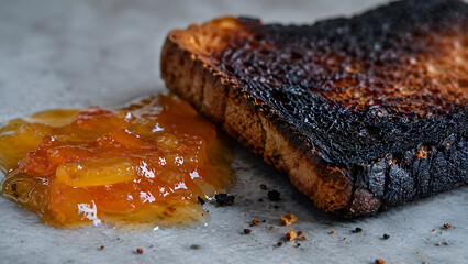 Fototapeta premium Burnt bread slice placed next to a dollop of orange marmalade sauce with marmalade breakfast overcooked blackened breadslice culinary homemade nutrition burntbread textured
