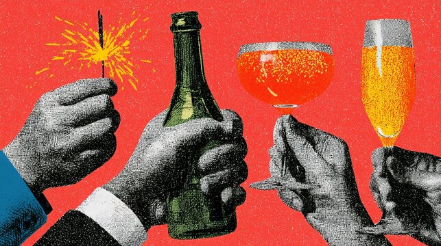 Festive graphic illustration with four grayscale halftone hands gripping unique celebration accessories on solid red backdrop, sparkler, champagne bottle and bubbly orange beverages