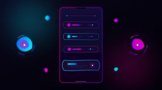 Animated smartphone interface with glowing neon toggles and abstract network connections displaying technology