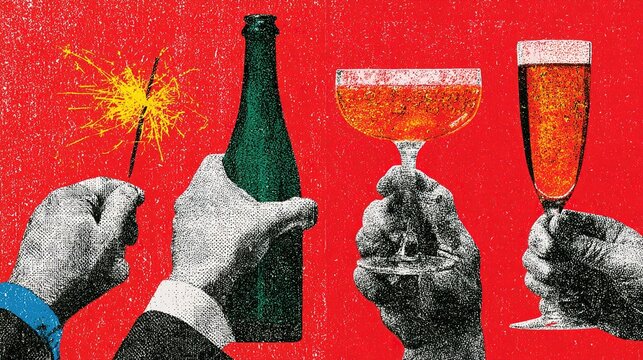 Festive graphic illustration with four grayscale halftone hands gripping unique celebration accessories on solid red backdrop, sparkler, champagne bottle and bubbly orange beverages