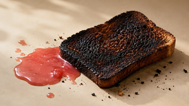 Burnt toast slice served with pink strawberry fruit sauce still life strawberry breakfast overcooked culinary homemade nutrition condiment