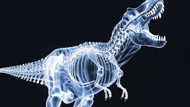 Futuristic X-ray scanning of Tyrannosaurus rex skeleton walking from side view, glowing blue medical radiograph of prehistoric T-Rex dinosaur bones and skull structure, scientific paleontology