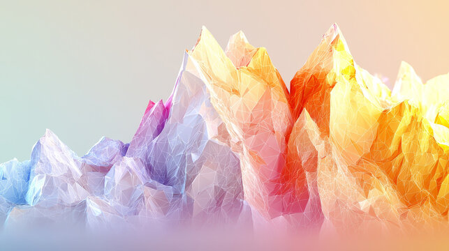 Pastel polygonal mountain landscape, digital terrain, abstract geometric peaks, soft gradient colors, whimsical and serene atmosphere, low poly art style, fantasy nature scene