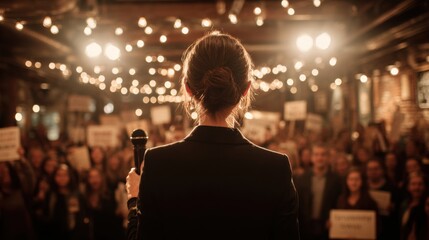 Obraz premium Female diversity. Human rights, equal opportunity concept. A candid photograph captures a woman in a black blazer, facing away from the camera, holding a microphone.