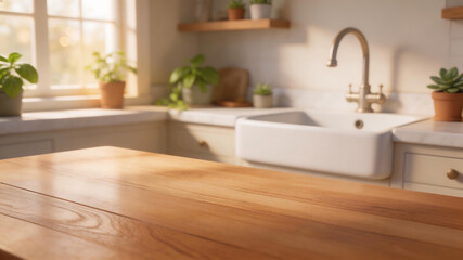 Fototapeta premium Wooden kitchen counter with sink and plants representing futuristic concepts and abstract thought