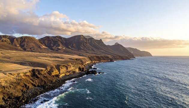 Desert landscape converges with ocean along a rugged coastal area, shore break at cliffs, blue cloudy sky at sunset, dry landscape in an aerial drone view, AI generated