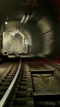 A subway tunnel shows metal tracks and dim lighting. The walls are dirty with graffiti. Pipes run above the tracks. The scene suggests a busy transit area with a distant view.