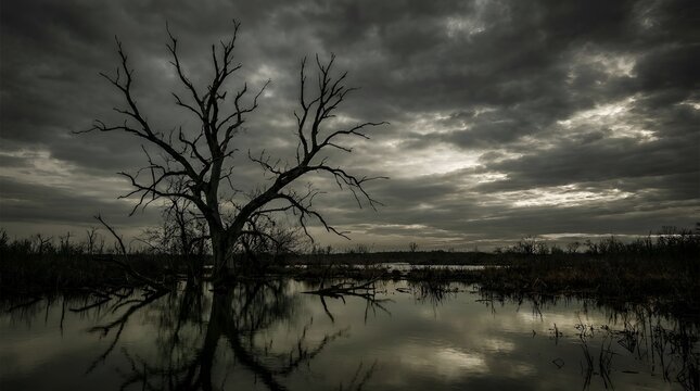 Dead tree in a swampy landscape under a dramatic cloudy sky at sunset