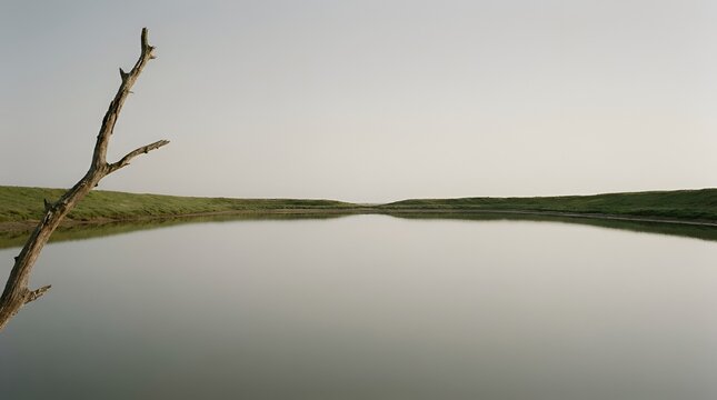 A serene landscape featuring a calm, still pond surrounded by grassy hills under a soft, overcast sky with a dead tree