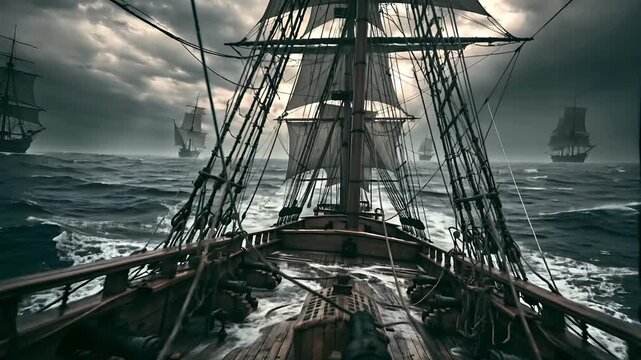 Europe medieval lifestyle. A dramatic portrayal of a tumultuous maritime scene. A tall ship with multiple masts and rigging dominates the foreground, its sails billowing in the wind.