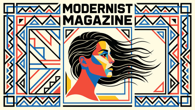 Creative female portrait framed by geometric patterns in editorial style. Perfect for magazine covers, posters, fashion branding, and artistic layouts.