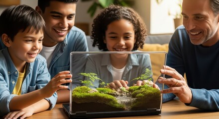 Obraz premium Family exploring mini indoor garden.