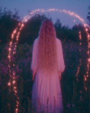 Cottagecore Liminal Aesthetic Blonde Woman with Long Hair in White Dress Standing Before Glowing Arch Portal in Purple Wildflower Meadow at Dusk