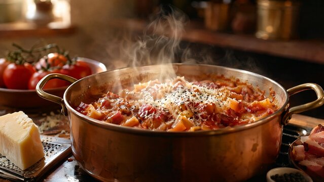 guanciale. Steaming pot with tomatoes, guanciale and pecorino cheese in warm kitchen lighting. menu design, packaging mockups, designed for food delivery and cloud-kitchen brand materials.