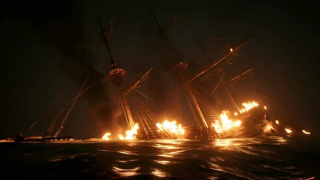 Europe medieval lifestyle. A dramatic depiction of a ship engulfed in flames, set against a dark, atmospheric backdrop. The ship, with its masts, rigging, and sails, is the main subject.