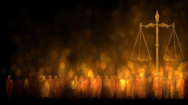 Golden scales of justice hover above a crowd of blurred figures in dim, dramatic lighting
