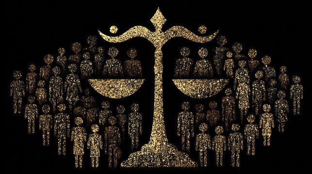Golden silhouette figures form a scale of justice composition against a dark background