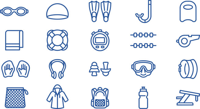 Blue line art vector illustration showing various essential swimming accessories and professional pool training equipment items