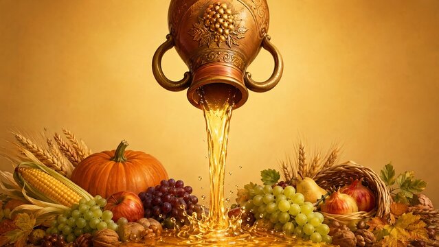 flagon. Upside-down flagon pouring golden liquid, symbolizing harvest abundance. representing seasonal cycles and harvest abundance.