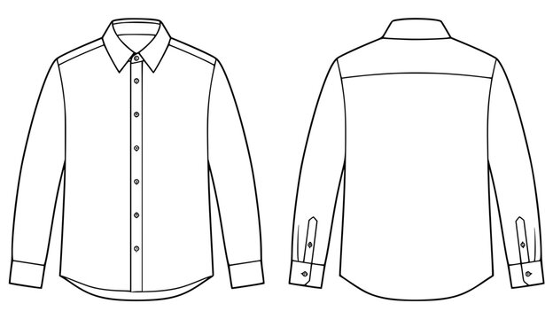 Men Long Sleeve Button Down Shirt Front and Back View Flat Fashion Sketch Vector Template