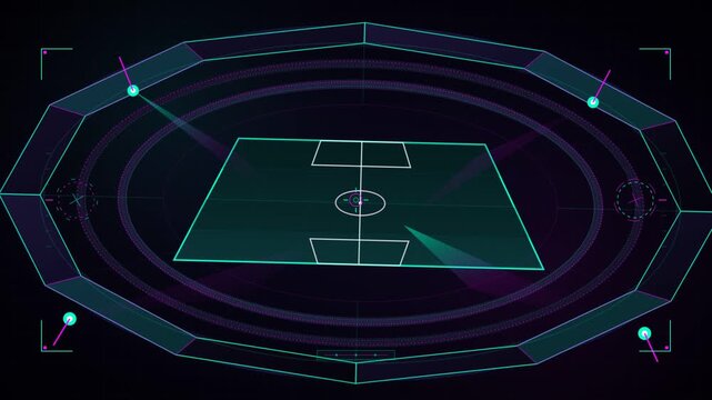 Futuristic soccer pitch HUD animation featuring tactical data scanning and neon wireframe graphics.