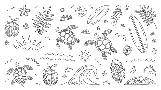 Summer beach doodles set featuring sea turtles, surfboards, palm leaves, ocean waves, coconuts and sun