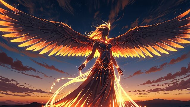 A majestic figure with fiery wings stands against a breathtaking sunset, embodying strength and grace. The vivid colors create an inspiring atmosphere of transcendence and hope.