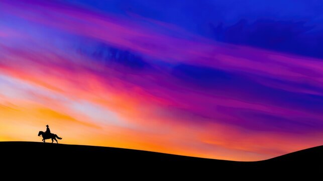 charro. Silhouette of a rider on a ridge at dawn, vast desert landscape and sky. travel magazines, destination branding, designed for outdoor magazines and nature guides.